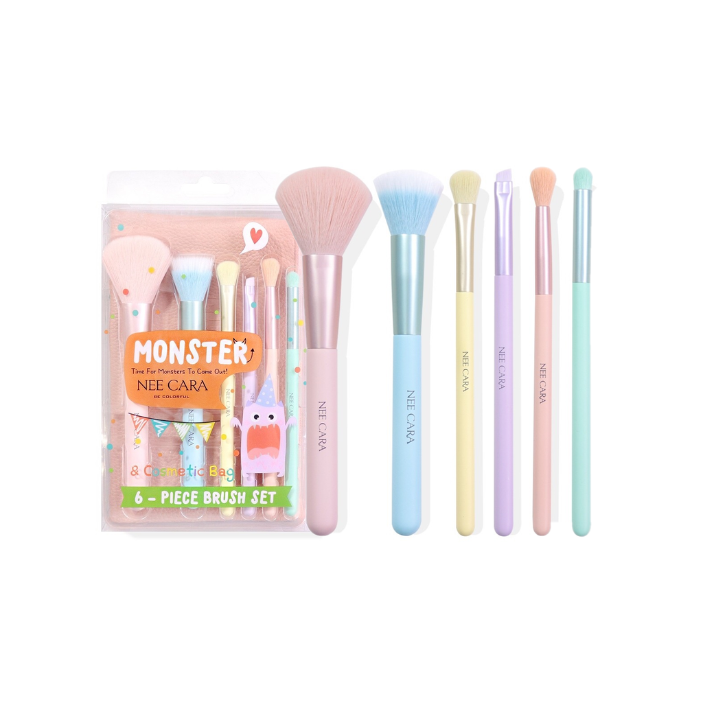 Nee Cara Let'S Party Like A Monster 6 Piece Brush Set + Bag #N1967 : neecara นีคาร่า ชุดแปรง แต่งหน้า