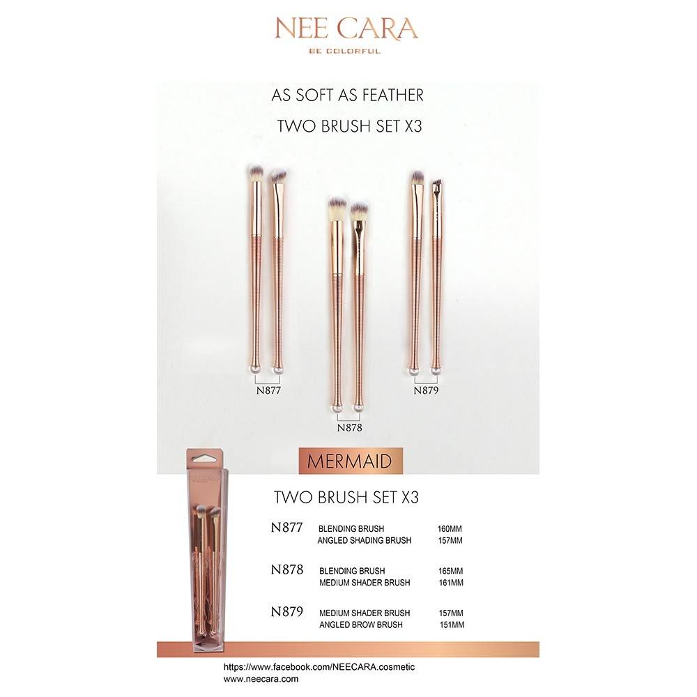 Nee Cara Mermaid Two Brush Set #N879 : neecara แปรง แต่งหน้า ด้ามทอง ขนนุ่ม แพ็คคู่