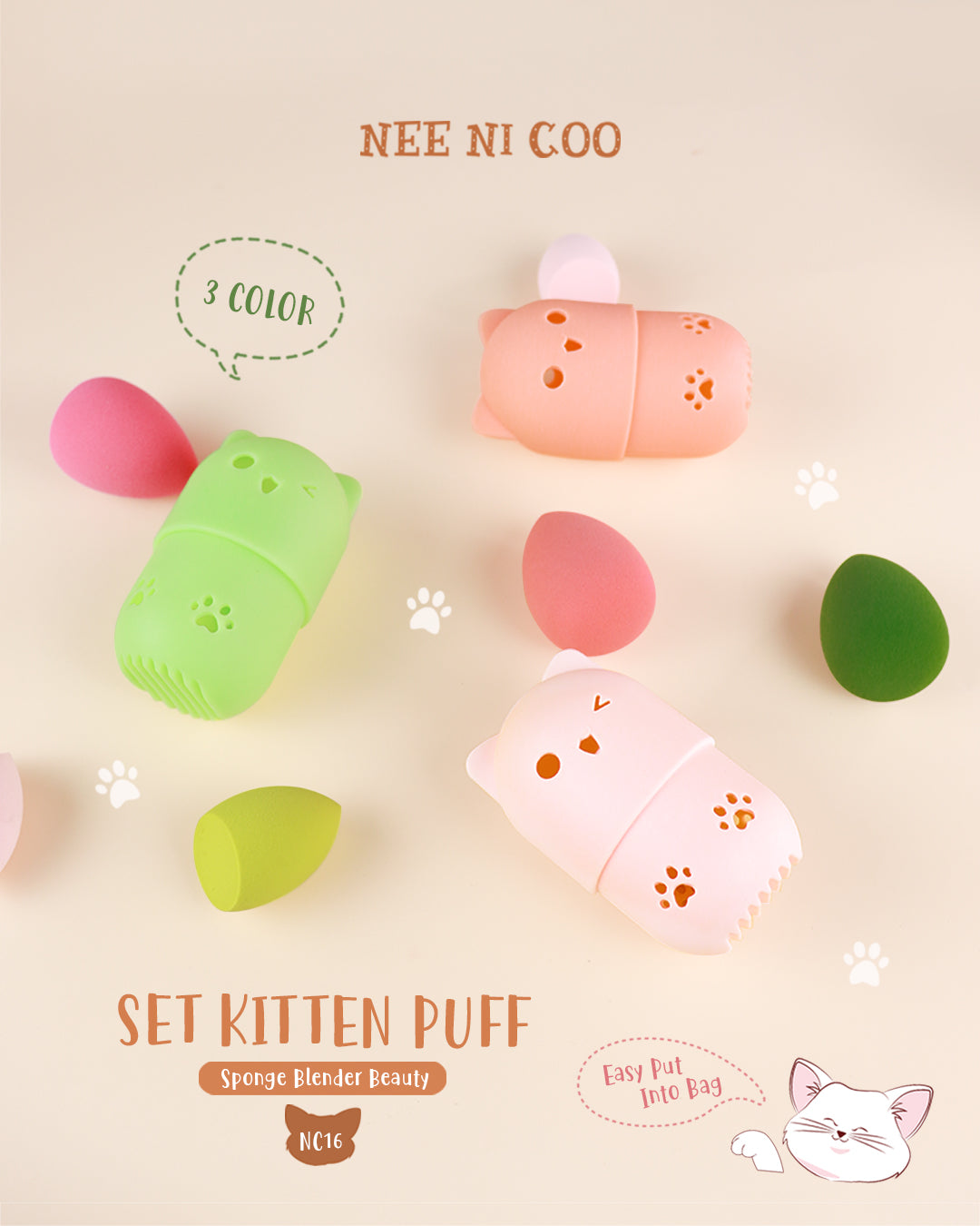 Nee Cara Nee Ni Coo Set Kitten Puff #NC16 : neecara นี นิ โค เซ็ต พัฟ ฟองน้ำ แมว