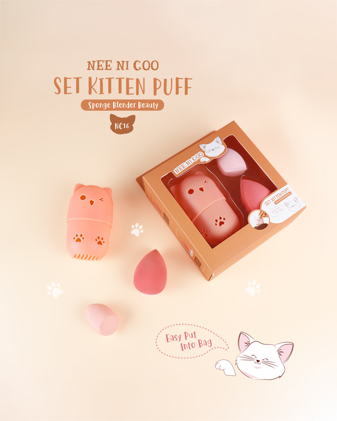 Nee Cara Nee Ni Coo Set Kitten Puff #NC16 : neecara นี นิ โค เซ็ต พัฟ ฟองน้ำ แมว