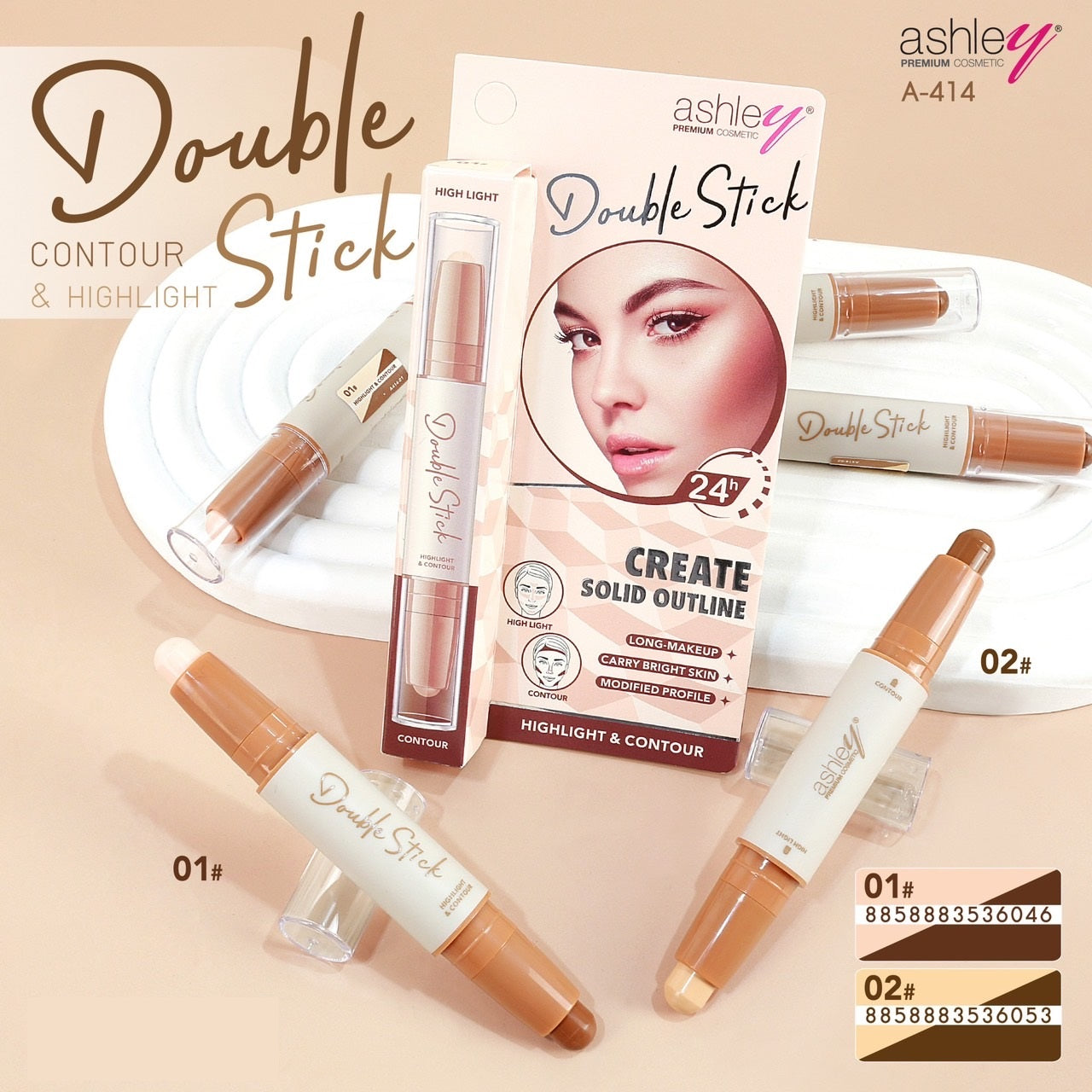 Ashley Double Stick Highlight & Contour #A414 : แอชลี่ย์ ดับเบิ้ล สติ๊ก คอนทัวร์ & ไฮไลท์ x 1 ชิ้น