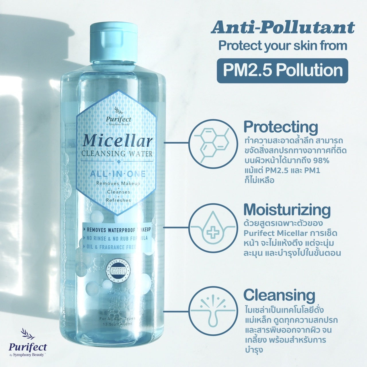 Purifect Micellar Cleansing Water All in one 400ml : พูลิเฟ็ค ไมเซลล่า คลีนซิ่ง วอเตอร์ เช็ดเครื่องอาง